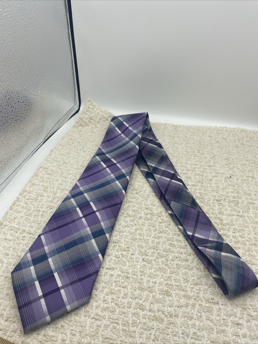 Kenneth Cole Awareness Men's Tie Purple Gray & White Plaid 100% Silk